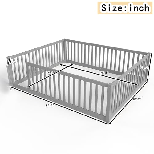 Image of Bellemave Queen Size Kids Montessori Floor Bed with Door,Solid Wood Floor Bed Frame with High Fence for Girls,Boys,Gray
