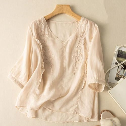Linen Shirt 2025 Summer Trendy Oversize Crewneck Cute Blouses Bohemian Short Sleeve Shirts Embroidered Tops2