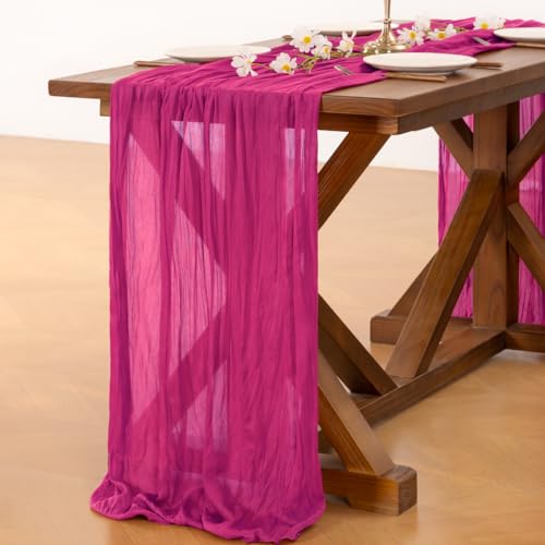 Image of Socomi 2pcs Hot Pink Spring Cheesecloth Table Runner Fuchsia Boho Rustic Gauze 120 inch 10FT Cheese Cloth Runner for Wedding Party Baby Shower Birthday Home Decor
