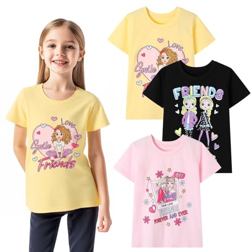 HILEELANG Girl T-Shirts Short Sleeve Graphic Tees Cotton Casual Summer Tops Shirts Packs