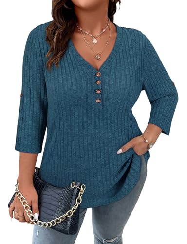 Image of Koscacy Women Plus Size V Neck 3 /4 Roll Sleeve Sweater Casual Knit Tops Solid Color Blouses