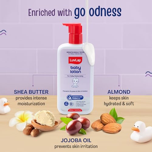 Image of LuvLap Baby Lotion with Milk Protein - 400ml, Gentle Daily Lotion for Face & Body, 24 Hour Protection for Sensitive Skin, Ph 5.5, Shea Butter and VIT E, Paraben Free, Dermatologically Tested