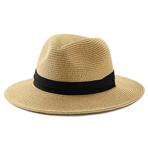 Sun Straw Beach Summer Hats For Women With Uv Protection Wide Brim Fedora Panama Packable Hat For Travel (Khaki) #TOP14