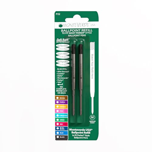 Monteverde Ballpoint Refill to Fit Parker Ballpoint Pens, Medium Point, Soft Roll, Black, 2 per Pack (P132BK)