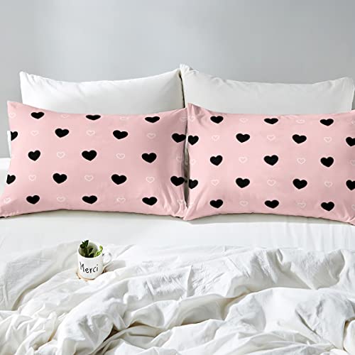Girls Comforter Set Twin Size Cute Heart Pattern Bedding Set Lovely Pink Black Down Comforter Cartoon Geometric Soft Quilt Set Girly Kawaii Bedroom Decor Gift Modern Duvet Set With 1 Pillowcase #TOP3