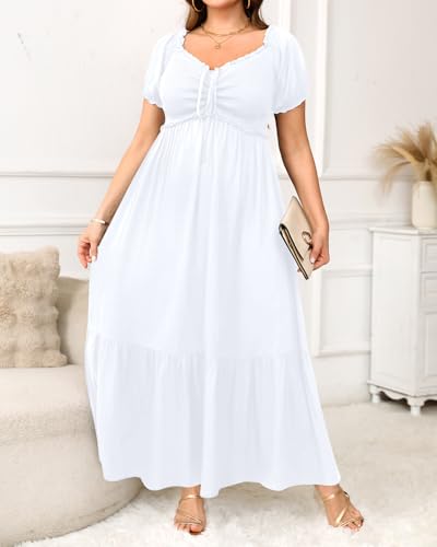 Image of Plus Size Sun Dresses Women - Summer Off the Shoulder Puff Sleeve A Line Boho Maxi Flow Long Dress 2025