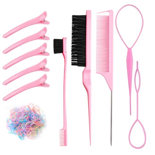 7 Pcs Pink Hair Brush Set Bristle Hair Brush and Double Sided Hair Brush Topsy Hair Tail Tools Edge Control Brush Metal Pin Rat Tail Combs for Hair Styling for Woman Girls