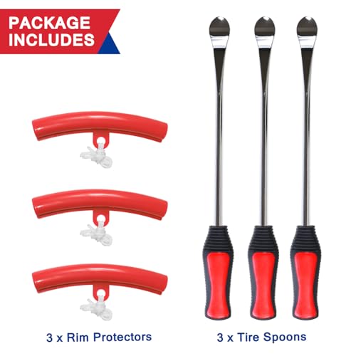 Image of 12.2 inch Dirt Bike Steel Tire Spoons Tool Set for Lawnmower Motorcycle Bicycle ATV Mini Bike Garden Tractor Tires 26pcs Tire Changer Tool with Tire Spoons Rim Protector Valve Stems Cap Cores Red