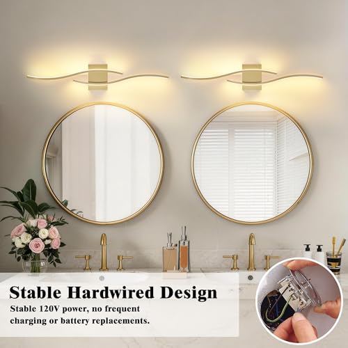 Image of KARTOOSH Hardwired Gold Vanity Lights for Bathroom | 2 Pack 31.5 in LED Vanity Light, 3CCT Dimmable, Waterproof Rustproof, Hardwired Wall Mount for Bathroom Mirror Sides
