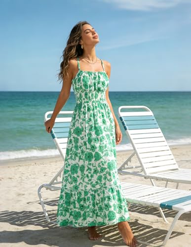 Image of GRACE KARIN Summer Dresses for Women 2026 Vacation,Smocked Floral Maxi Dress,Boho Beach Sundress with Pocket Fashion Clothing