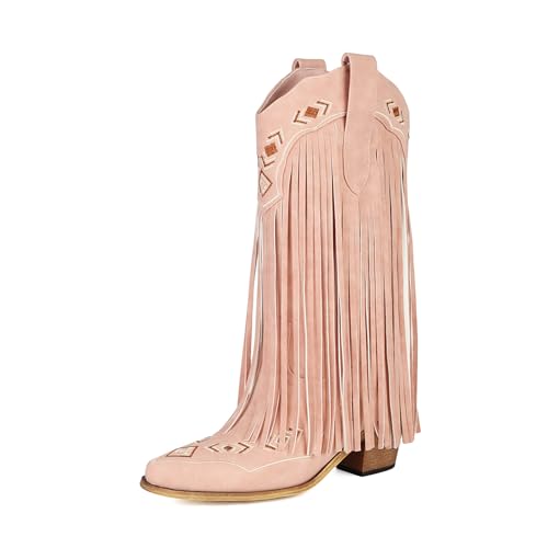 Image of Embroidered Fringe Cowboy Boots for Women, Pull On Mid Calf Chunky Block Heel Pointed Toe Western Cowgirl Boots Riding Country Boot Retro Boots