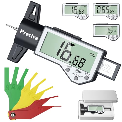 Image of Preciva Tire Tread Depth Gauge & Brake Lining Gauge Set, Digital Tire Depth Gauge with Large LCD Display and Inches, Millimeters, Fraction Conversion, for Tread Depth, Brake Shoe and Pad Wear