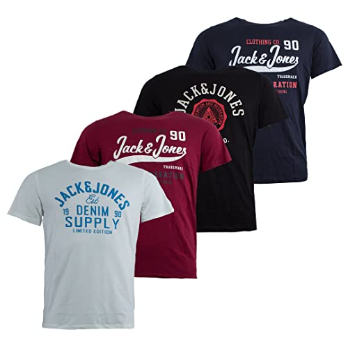 Jack and Jones Lot de 4 t-shirts à col rond JJELOGO 4PK SMU pour homme, Blazer bleu marine., XL