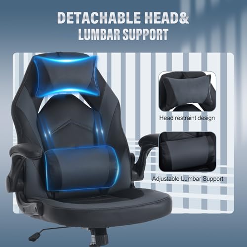 Image of Sweetcrispy Ergonomic Gaming Desk Chair - Computer Video with Comfy Lumbar Support and headrest, PU Leather with Flip-up Arms, Adjustable Height and Swivel Wheels, Home and Office, Grey
