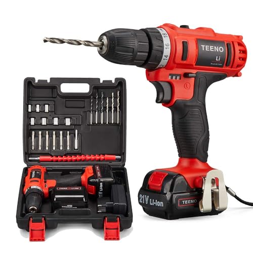 TEENO Cordless Drill Driver 21V,Battery Powered Screwdriver with 2X 1.5Ah Lithium Battery and 20 Accessories,2 Speeds,18+1Torque TEENO Cordless Drill Driver 21V,Battery Powered Screwdriver with 2X 1.5Ah Lithium Battery and 20 Accessories,2 Speeds,18+1Torque