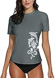 Mädchen UV Surfbekleidung Rundhals UV-Shirt Schwimm Kurz Ärmel Blumen Muster Sonnen Schutz UPF 50+ Grau M