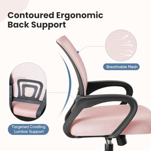Image of DUMOS Ergonomic Home Office Chair, Executive Mesh Desk Chair | Height Adjustable, Lumbar Support, Breathable Mid Backrest, Fixed Armrest, Rolling Wheels, Computer Gaming, Meeting, Pink