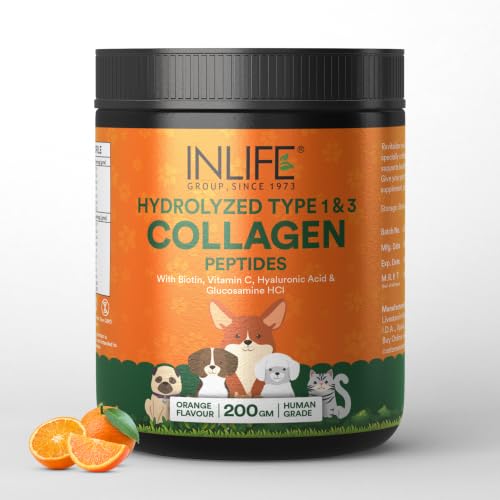 Image of INLIFE Collagen for Dogs & Cats | Hydrolysed Collagen Powder | Clinically Proven Ingredient with Biotin, Vitamin C, Hyaluronic Acid & Glucosamine | Pet Supplement (Orange)
