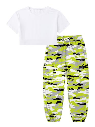 Image of Betusline Girls 2 Piece Set, White Cute Short Sleeve Crop Tops + Green Gray Camo Cargo Jogger Pants Clothes, 9-10Y = Tag 150