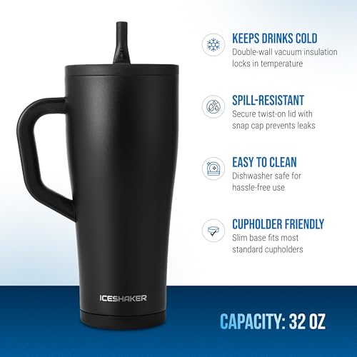 Image of Ice Shaker 32 oz Tumbler with Handle and Straw | 32oz Black | Cold for 30+ Hours | 2-in-1 Tumbler Shaker Bottle | Odor-Free 32 ounce Bottle for Water, Protein Shakes, Smoothies, Cocktails