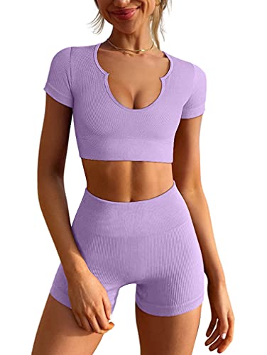 LNSK Women s Workout Outfits Seamless Ribbed Running Yoga Two Piece Crop Top Gym High Waist Sport Shorts Sets lavenderpurple