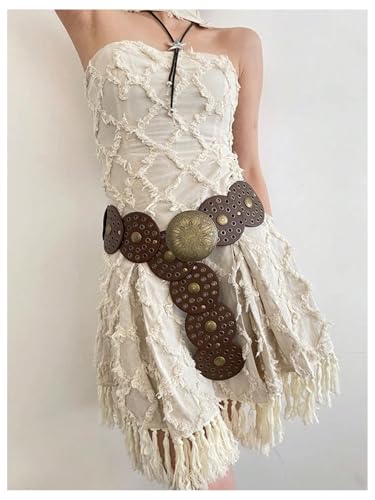 GORGLITTER Women's Boho Disc Belt Wide Western Belt Vintage Concho Waist Belt for Dress Jeans3