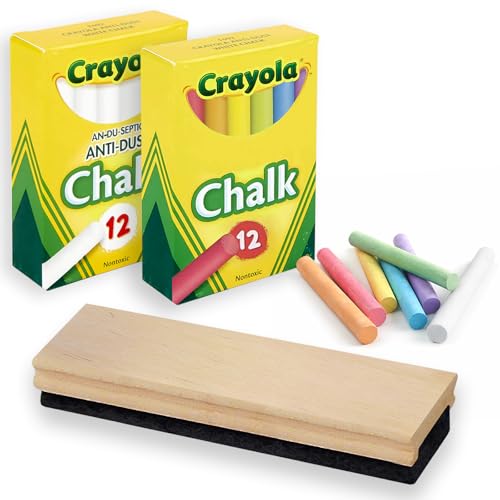 The Mega Deals Chalkboard Chalk and Eraser Set, 24 Pack Including 12 White and 12 Colored Chalk 1 Felt Eraser, Dustless Chalks for Kids, Blackboard Chalks for School, Gifting Bundle for Office, Home
