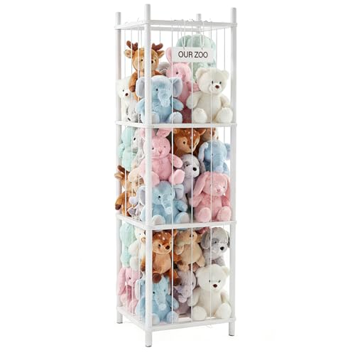 DUMOS Stuffed Animal Storage, 54In Large Stuffed Animal Holder, Plushies Storage with Solid Wood Base&Elastic Cord, Space Save Zoo Toy Organizers for Playroom Bedroom Nursery White