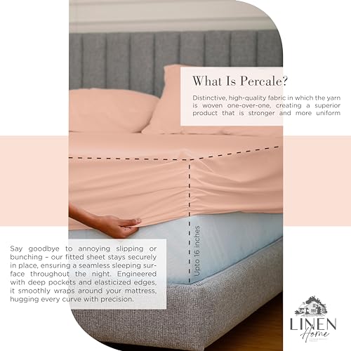 Image of Linen Home 100% Cotton Percale Sheets Full Size, Tropical Peach, Deep Pocket, 4 Pieces Set- 1 Flat, 1 Fitted and 2 Pillowcases, Crisp Cool and Long Staple Strong Bed Linen