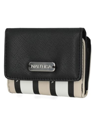 Image of Nautica Rower's End Small Wallet for Women, RFID Blocking Slim Credit Card Holder with Zipper Coin Pocket, Bifold Compact Womens Wallet with ID Window Black /White /Oatmeal