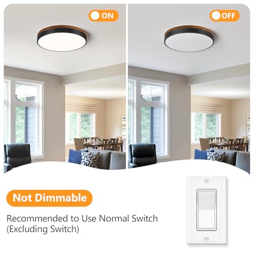 Image of Modern Walnut Wood Black Flush Mount Ceiling Light 15.74 Inch