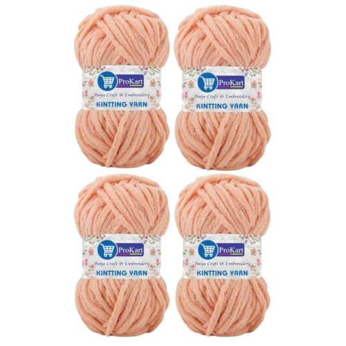 Image of ProKart Premium Blankie Wool, Plush & Cuddly, Chenille Yarn Supersoft Hand Knitting Wool Ball | Blanket Thick /Mottu Yarn Ball Suitable for Hand Knitting and Crocheting for Baby, Adult, Sweaters, caps, Throws, Home Furnishing, Scarves, Blankets (Light Peach, 100gms x 4 Pack)
