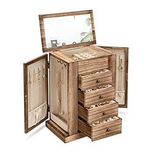 Jewellery Box for Women, 5 Layer Large Wooden Jewelry Boxes & Organisers for Necklaces Earrings Rings Bracelets, Rustic Jewellery Organiser Box with Drawers and Mirror(Brown)