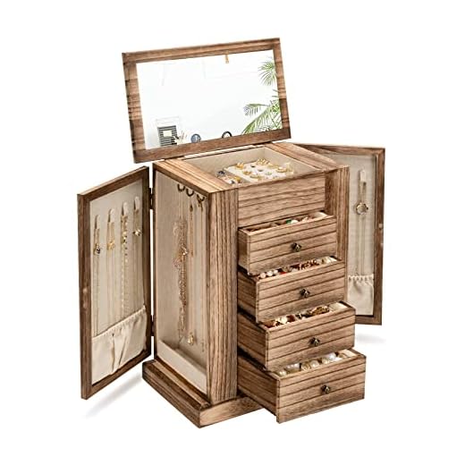 Emfogo Jewelry Box for Women, 5 Layer Large Wood Jewelry Boxes & Organizers for Necklaces Earrings Rings Bracelets, Rustic Jewelry Organizer Box with Drawers and Mirror(Carbonized Black)
