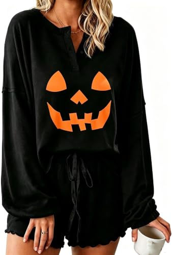 Image of Roshop Halloween Pajama Women's Pumpkin Top & Shorts Loungewear Set