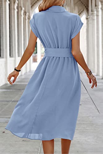 Image of ECOWISH Womens Casual Midi Dresses Solid V Neck Short Sleeve Button Shirt Belted Dress with Pockets for Spring Summer 2026