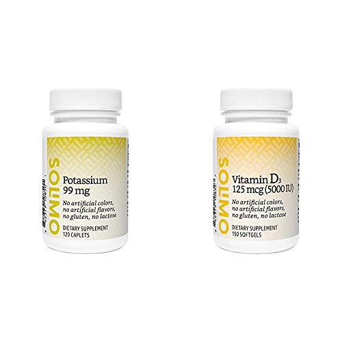 Amazon Brand - Solimo Potassium 99 mg, 120 Caplets, Four Month Supply (Packaging May Vary) & Solimo Vitamin D3 125 mcg (5000 IU), 150 Softgels, Five Month Supply (Packaging May Vary)