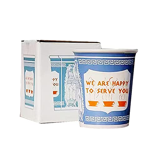 BRASTR New York Coffee Mug We Are Happy to Serve You Retro Ceramic Cup NYC Greek Diner Style Vintage Paper Cup Design 10oz Microwave & Dishwasher Safe Novelty Gift