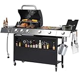 Dephet 6-Burner Propane Gas Griddle Grill Combo with Side Burner, 3-in-1 Flat Top Portable Outdoor BBQ Grill w/Porcelain-Enameled Cast Iron Grates & Pan, Storage, Wheels for Patio, Backyard, Camping