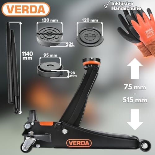 Verda Wagenheber hydraulisch 3T, 75-515mm, 2X Gummi, mit Schmiernippel, Montagehandschuhe Extra...