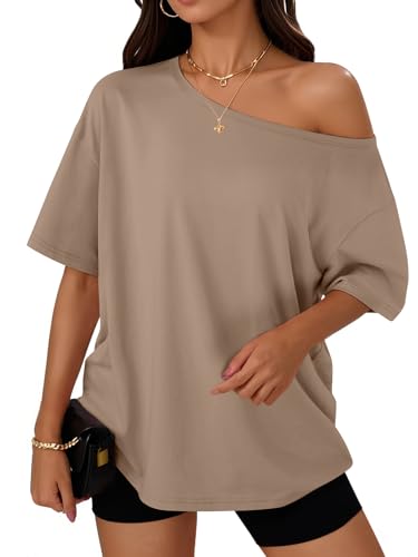Trendy Queen Womens Off the Shoulder Tops Oversized T-Shirts Short Sleeve Tees Summer 2026 Casual Spring Clothes Workout Gym Y2k Cute Going Out Plus Size Fashion Clothing Khaki M