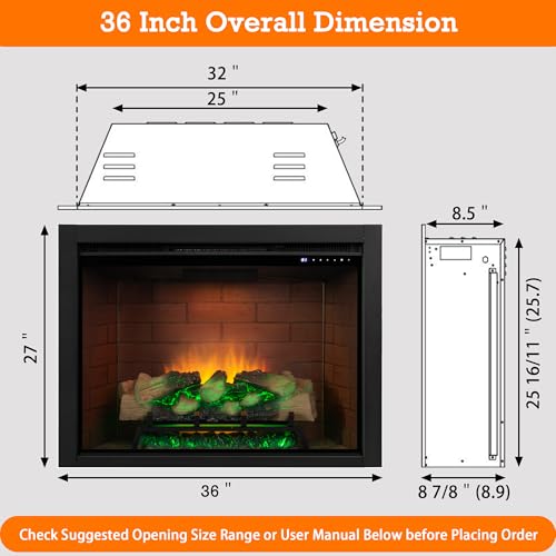 Image of Electric Fireplace Insert w /Top Light, 12x12x12 Flame Color Option with Fire Crackling Sound, 36″Wx27″H, 750W /1500W Eco Heater, Remote & Button Control, Black