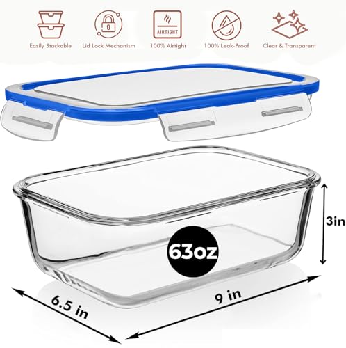 Image of Razab 4 PC 1860ml / 63 Oz / 8 Cups Large Glass Food Storage Containers with Lids - Glass Meal Prep Containers for Roasting & Storing Leftover, Lunch Container with Lids, Microwave & Oven Safe