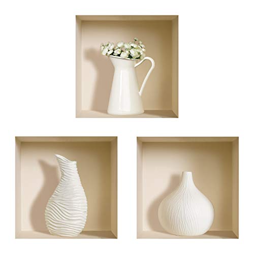 THE NISHAArt Magic 3D Vinyl Removable Wall Sticker Decals DIY, Set of 3, White Vases