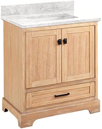 Signature Hardware 483387 Quen 30" Free Standing Single Basin Vanity Set with Cabinet, Vanity Top, and Undermount Sink - No Faucet Holes - Driftwood Brown/Carrara Marble