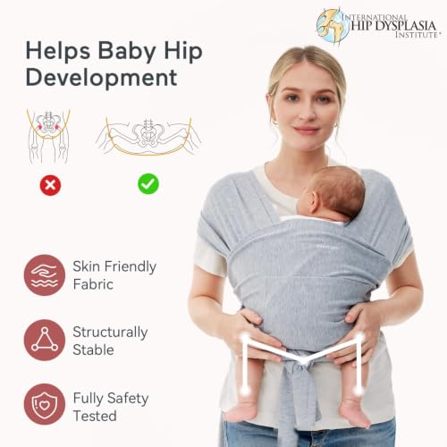 Image of Momcozy Baby Wrap Carrier, Easy-On 2-Piece Design, Newborn to 15.8 kg | Easy On Like a T-Shirt, XXS-XXL Adjustable Fit, IHDI Hip-Healthy, Lightweight Hands-Free Comfort Baby Sling Carrier, Grey