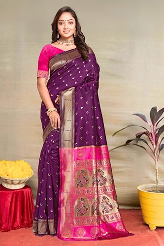 Image of C J Enterprise Women's Pure Kanjivaram Silk Saree Paithani Soft Wedding Sarees With Blouse Piece (Chand paithani)