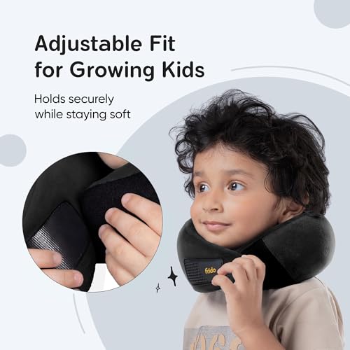Image of Frido Kids Memory Foam Travel Neck Pillow with Travel Pouch | 360 Chin & Neck Support for Comfortable Sleep | Adjustable Velcro Straps | Ideal for Car, Flight & Road Trips | Core Black