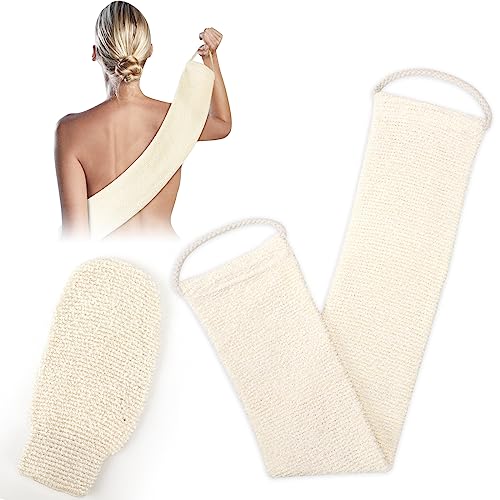 GoldOars Guantes Exfoliante 2 Piezas Correa Espalda de Cáñamo de Ducha Eliminación Suave de Pieles Muertas Accesorios de Baño (Blanco Crema)