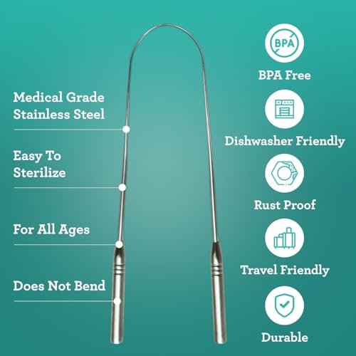 GuruNanda Stainless Steel Tongue Scraper, U-Shaped Ergonomic Design, Fights Bad Breath, Great for Oral Hygiene, Medical Grade 100% Stainless Steel, Tongue Cleaner with Case for Adults & Kids-Pack of 4